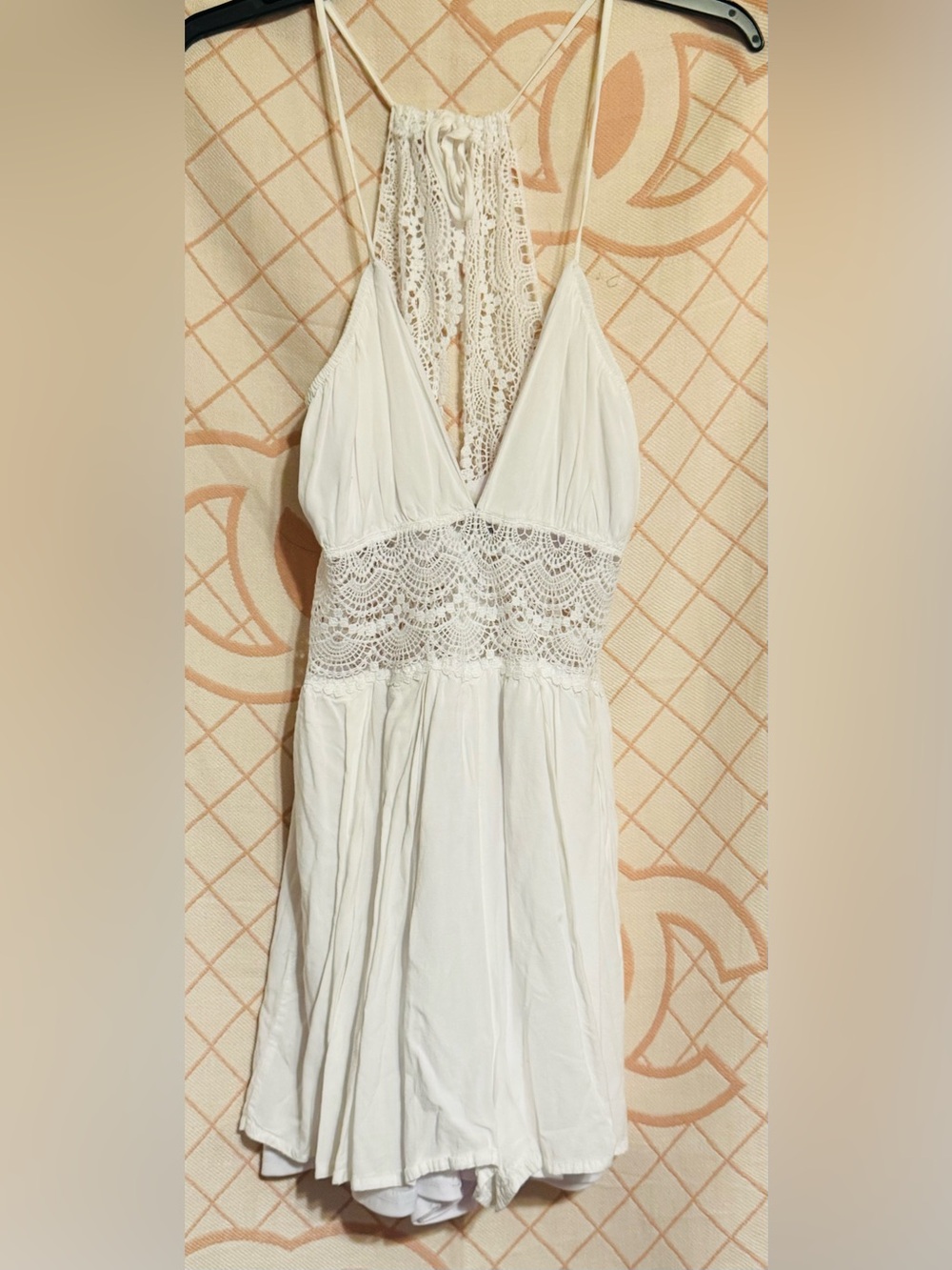 Blue Rain White Crochet Lace Halter Mini Dress